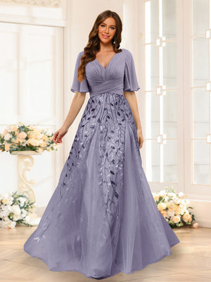 A-Line V-Neck Half Sleeves Split Side Chiffon Bridesmaid Dresses With Appliques
