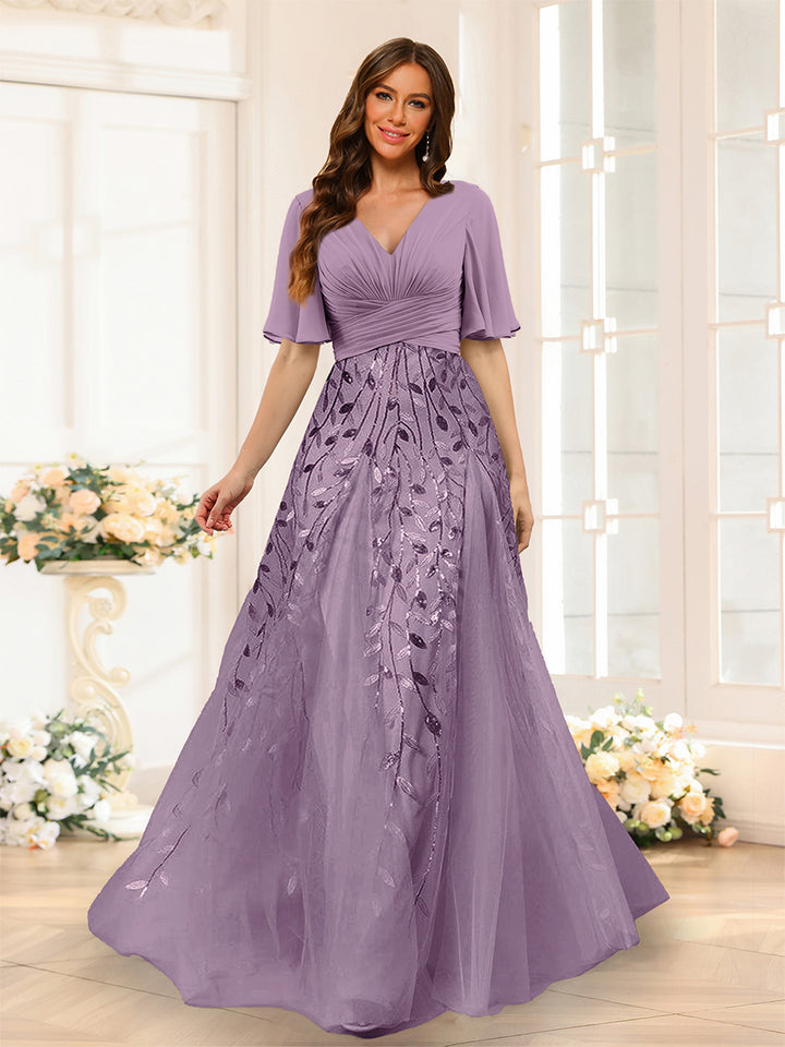 A-Line V-Neck Half Sleeves Split Side Chiffon Bridesmaid Dresses With Appliques
