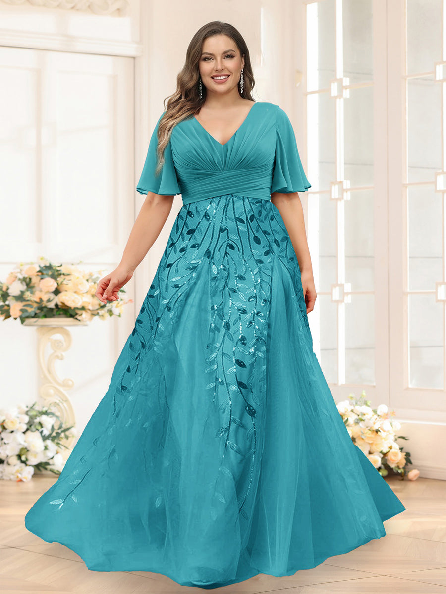 Lavetir Aqua Blue A-Line V-Neck Half Sleeves Split Side Chiffon Plus Size Bridesmaid Dresses With Appliques 2026