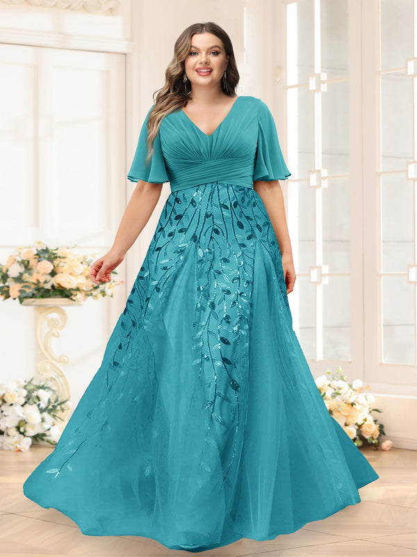 A-Line V-Neck Half Sleeves Split Side Chiffon Plus Size Bridesmaid Dresses With Appliques