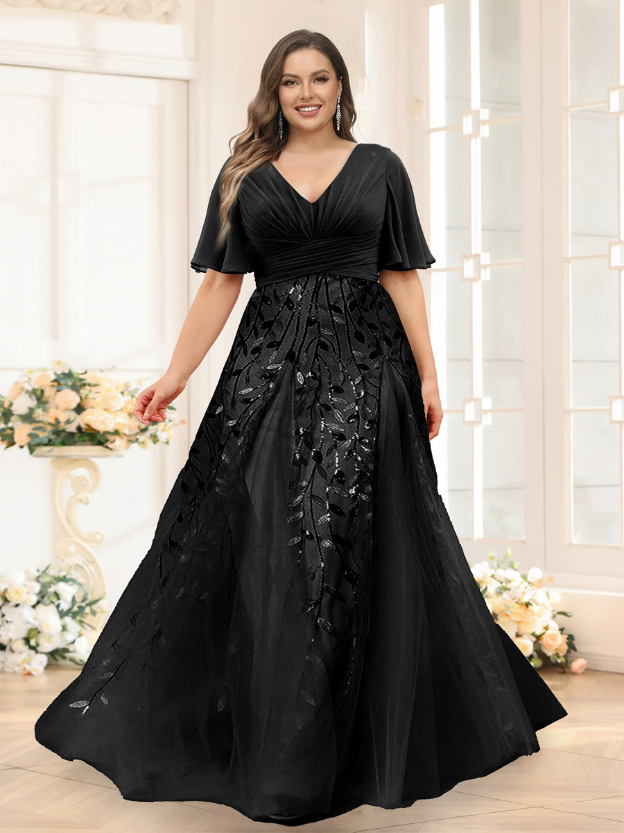 Black Formal Plus Dress 2026 A-Line Evening Maxi Gowns V-Neck Half Sleeves Floor-Length Wedding Party Dresses with Appliques
