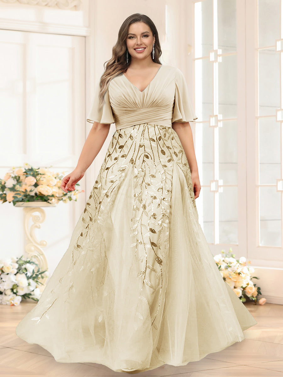 Lavetir Champagne A-Line V-Neck Half Sleeves Split Side Chiffon Plus Size Bridesmaid Dresses With Appliques 2026