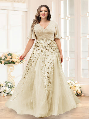 A-Line V-Neck Half Sleeves Split Side Chiffon Plus Size Bridesmaid Dresses With Appliques