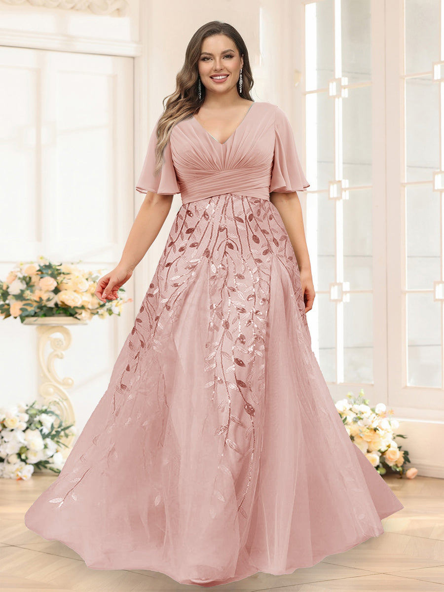 A-Line V-Neck Half Sleeves Split Side Chiffon Plus Size Bridesmaid Dresses With Appliques