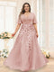 A-Line V-Neck Half Sleeves Split Side Chiffon Plus Size Bridesmaid Dresses With Appliques