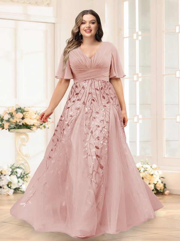 A-Line V-Neck Half Sleeves Split Side Chiffon Plus Size Bridesmaid Dresses With Appliques