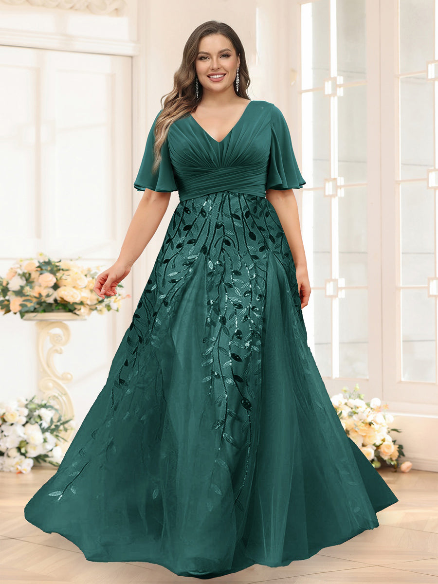 Lavetir Hunter Green A-Line V-Neck Half Sleeves Split Side Chiffon Plus Size Bridesmaid Dresses With Appliques 2026