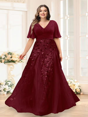 A-Line V-Neck Half Sleeves Split Side Chiffon Plus Size Bridesmaid Dresses With Appliques