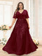 A-Line V-Neck Half Sleeves Split Side Chiffon Plus Size Bridesmaid Dresses With Appliques