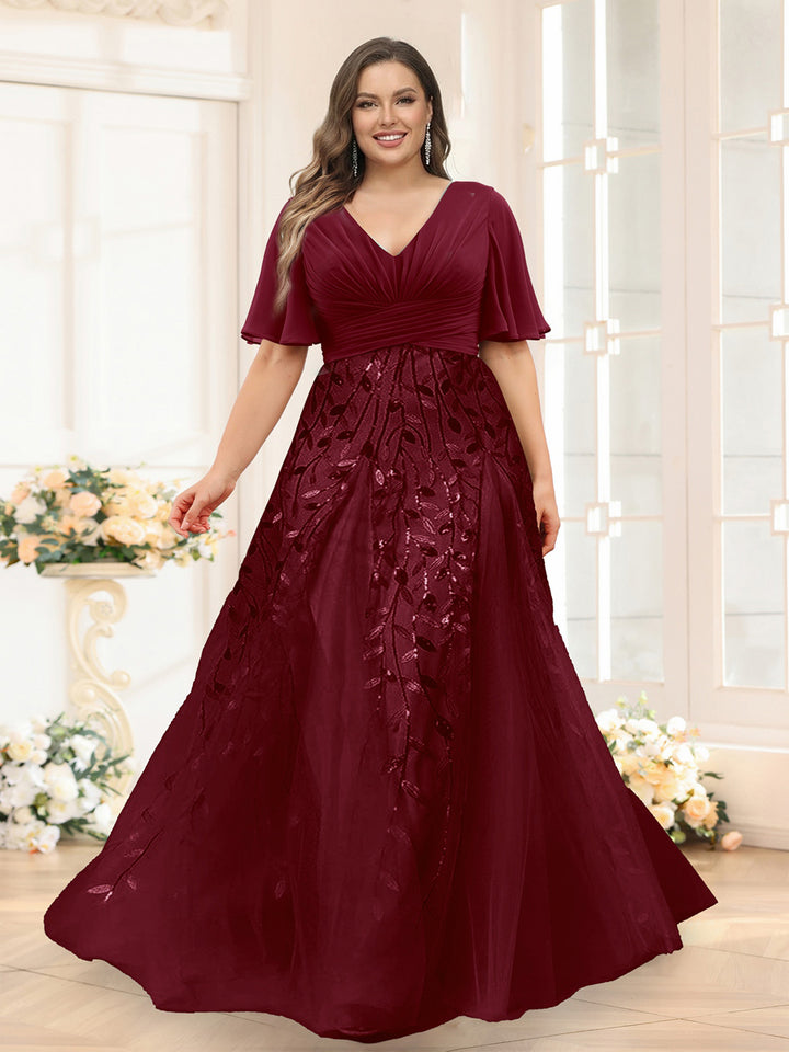A-Line V-Neck Half Sleeves Split Side Chiffon Plus Size Bridesmaid Dresses With Appliques