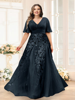 A-Line V-Neck Half Sleeves Split Side Chiffon Plus Size Bridesmaid Dresses With Appliques