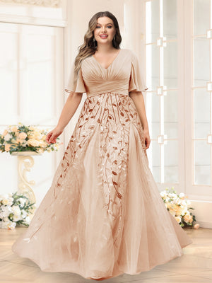 A-Line V-Neck Half Sleeves Split Side Chiffon Plus Size Bridesmaid Dresses With Appliques