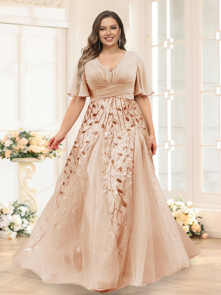 A-Line V-Neck Half Sleeves Split Side Chiffon Plus Size Bridesmaid Dresses With Appliques