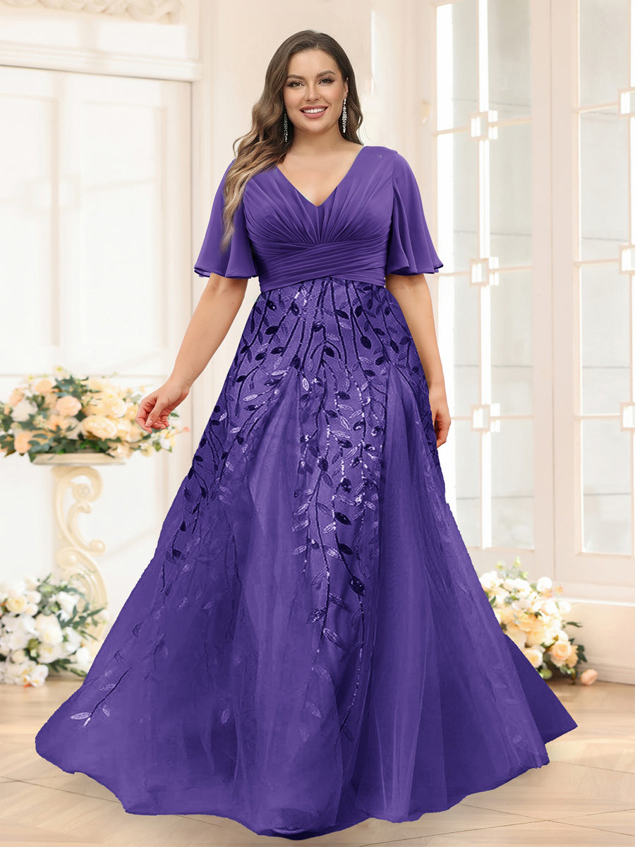 A-Line V-Neck Half Sleeves Split Side Chiffon Plus Size Bridesmaid Dresses With Appliques