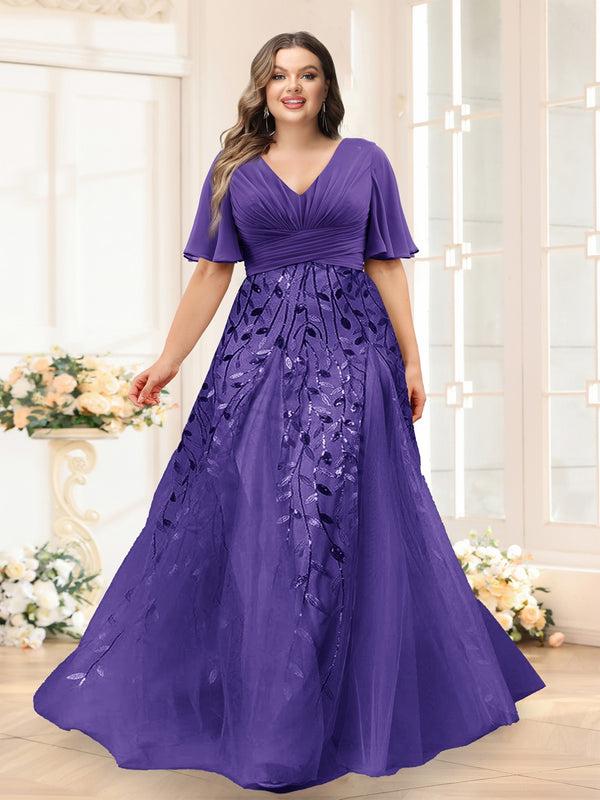A-Line V-Neck Half Sleeves Split Side Chiffon Plus Size Bridesmaid Dresses With Appliques