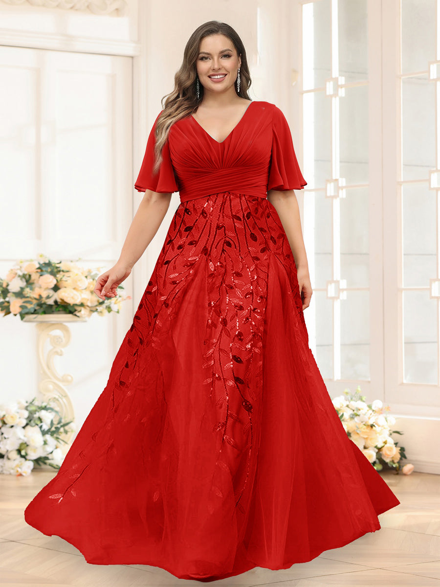 A-Line V-Neck Half Sleeves Split Side Chiffon Plus Size Bridesmaid Dresses With Appliques