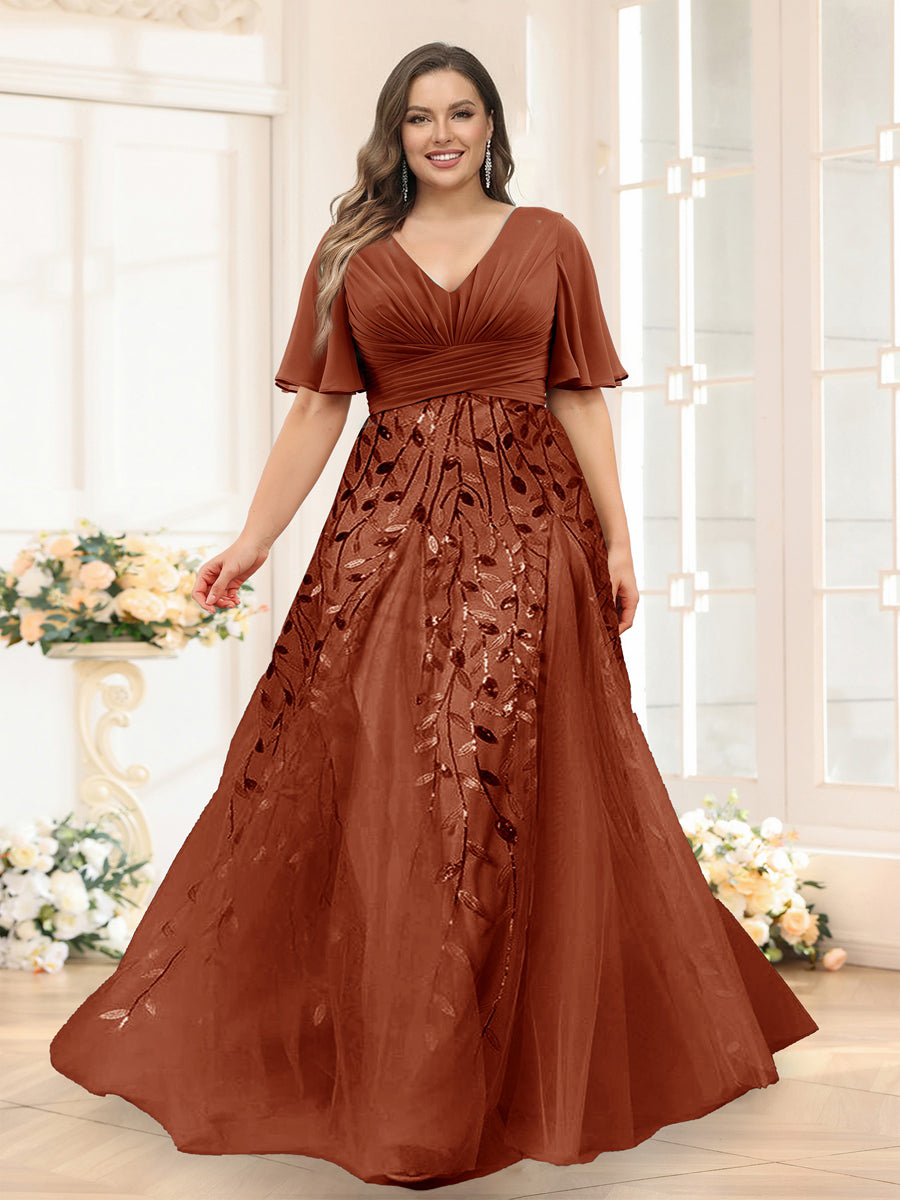 Lavetir Rust A-Line V-Neck Half Sleeves Split Side Chiffon Plus Size Bridesmaid Dresses With Appliques 2026