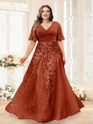 A-Line V-Neck Half Sleeves Split Side Chiffon Plus Size Bridesmaid Dresses With Appliques