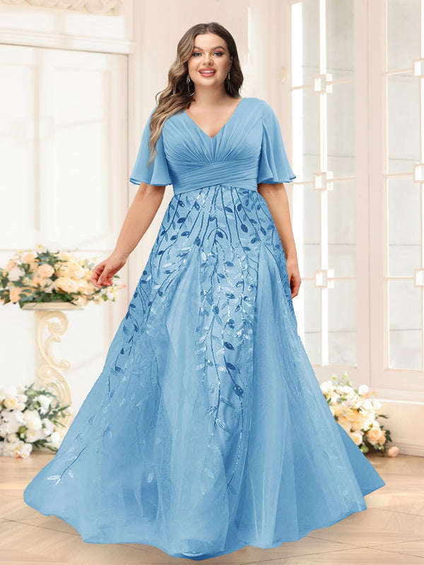 A-Line V-Neck Half Sleeves Split Side Chiffon Plus Size Bridesmaid Dresses With Appliques