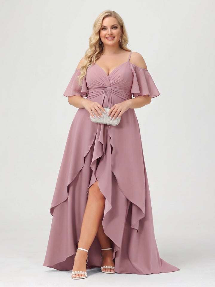 A-Line/Princess Spaghetti Straps Half Sleeves V-Neck Plus Size Bridesmaid Dresses With Ruffles