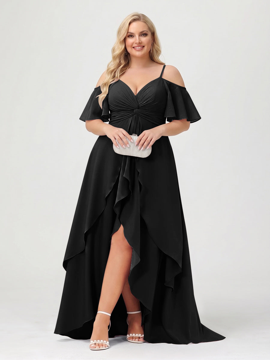 A-Line/Princess Spaghetti Straps Half Sleeves V-Neck Plus Size Bridesmaid Dresses With Ruffles
