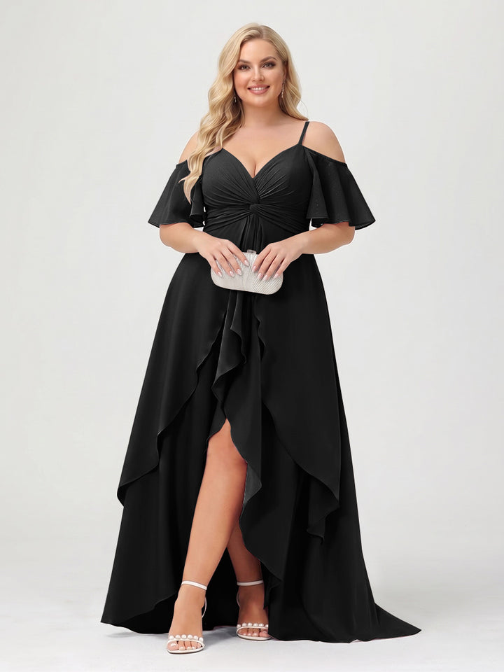 A-Line/Princess Spaghetti Straps Half Sleeves V-Neck Plus Size Bridesmaid Dresses With Ruffles