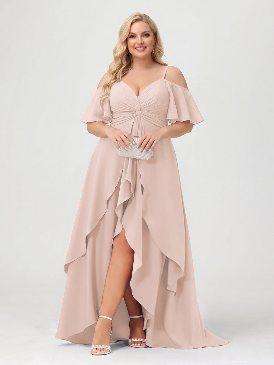 A-Line/Princess Spaghetti Straps Half Sleeves V-Neck Plus Size Bridesmaid Dresses With Ruffles