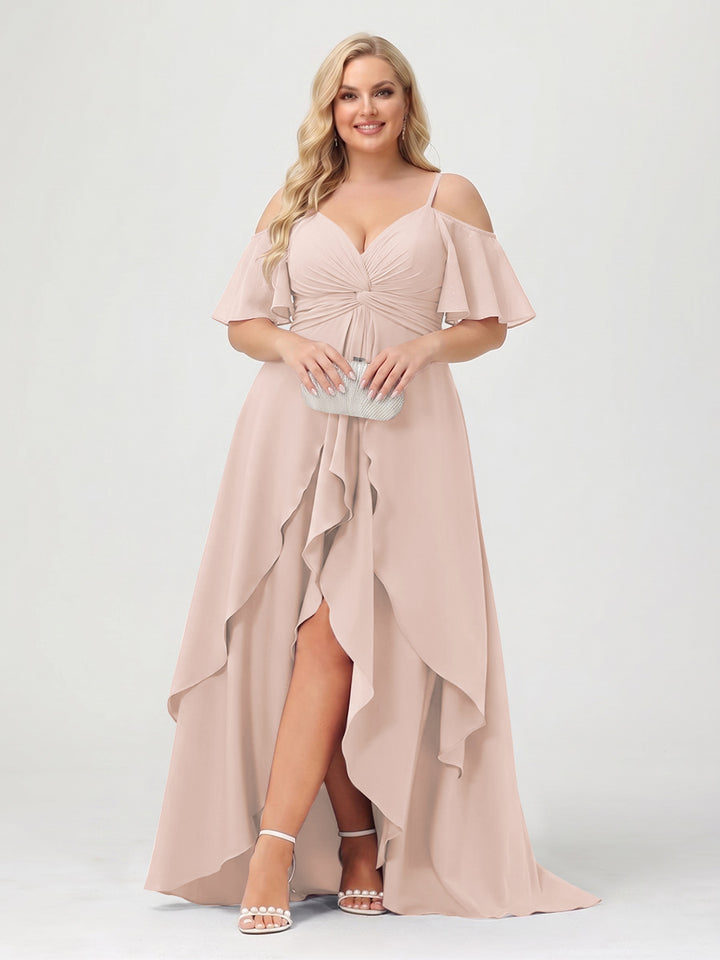 A-Line/Princess Spaghetti Straps Half Sleeves V-Neck Plus Size Bridesmaid Dresses With Ruffles