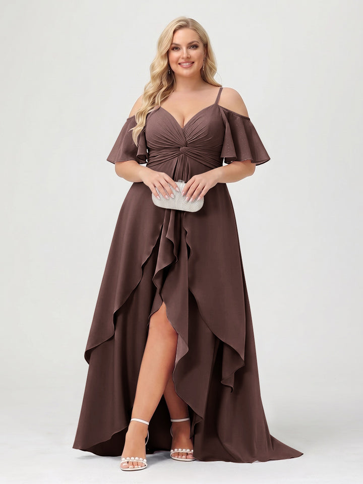 A-Line/Princess Spaghetti Straps Half Sleeves V-Neck Plus Size Bridesmaid Dresses With Ruffles