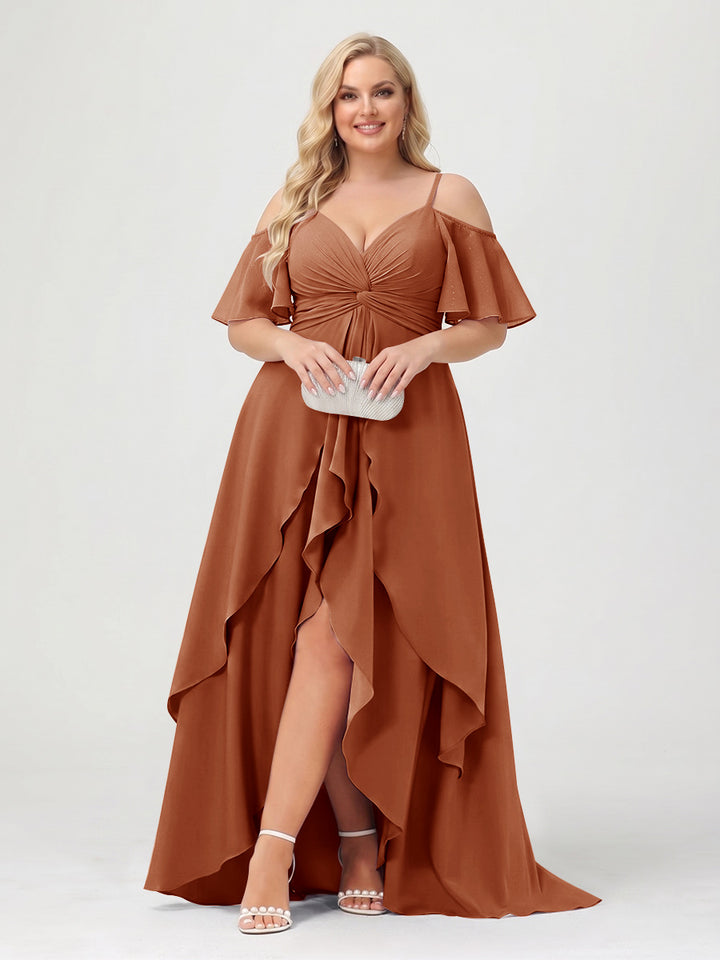 A-Line/Princess Spaghetti Straps Half Sleeves V-Neck Plus Size Bridesmaid Dresses With Ruffles
