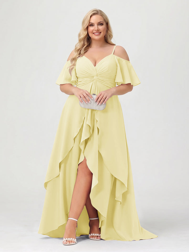 A-Line/Princess Spaghetti Straps Half Sleeves V-Neck Plus Size Bridesmaid Dresses With Ruffles