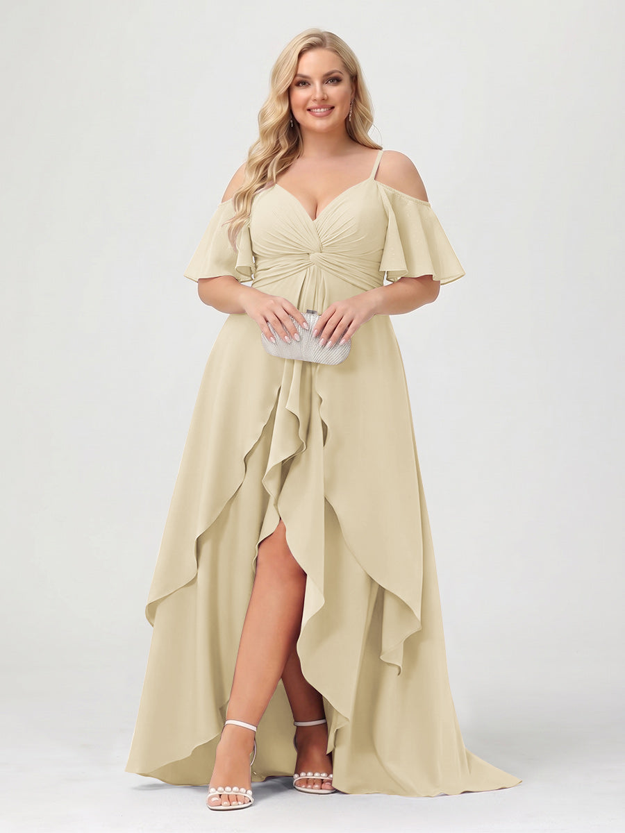 A-Line/Princess Spaghetti Straps Half Sleeves V-Neck Plus Size Bridesmaid Dresses With Ruffles