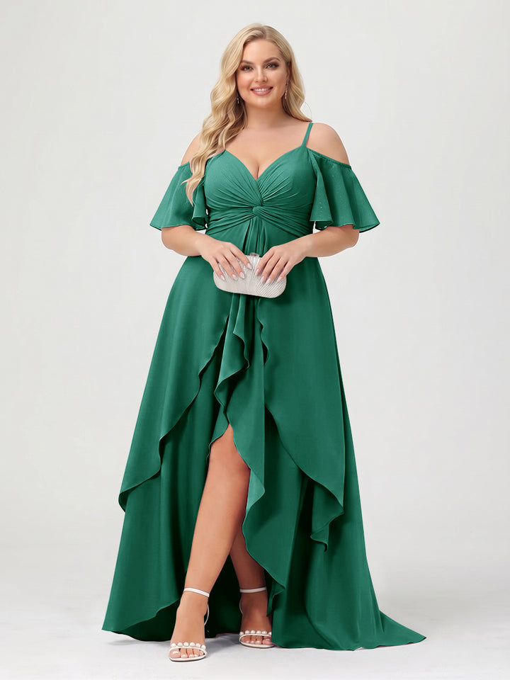 A-Line/Princess Spaghetti Straps Half Sleeves V-Neck Plus Size Bridesmaid Dresses With Ruffles