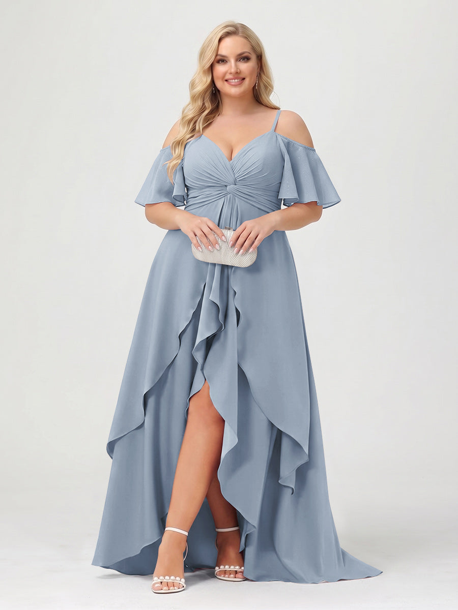 A-Line/Princess Spaghetti Straps Half Sleeves V-Neck Plus Size Bridesmaid Dresses With Ruffles