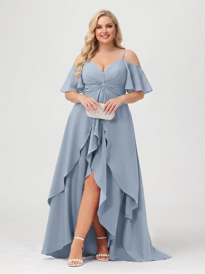 A-Line/Princess Spaghetti Straps Half Sleeves V-Neck Plus Size Bridesmaid Dresses With Ruffles
