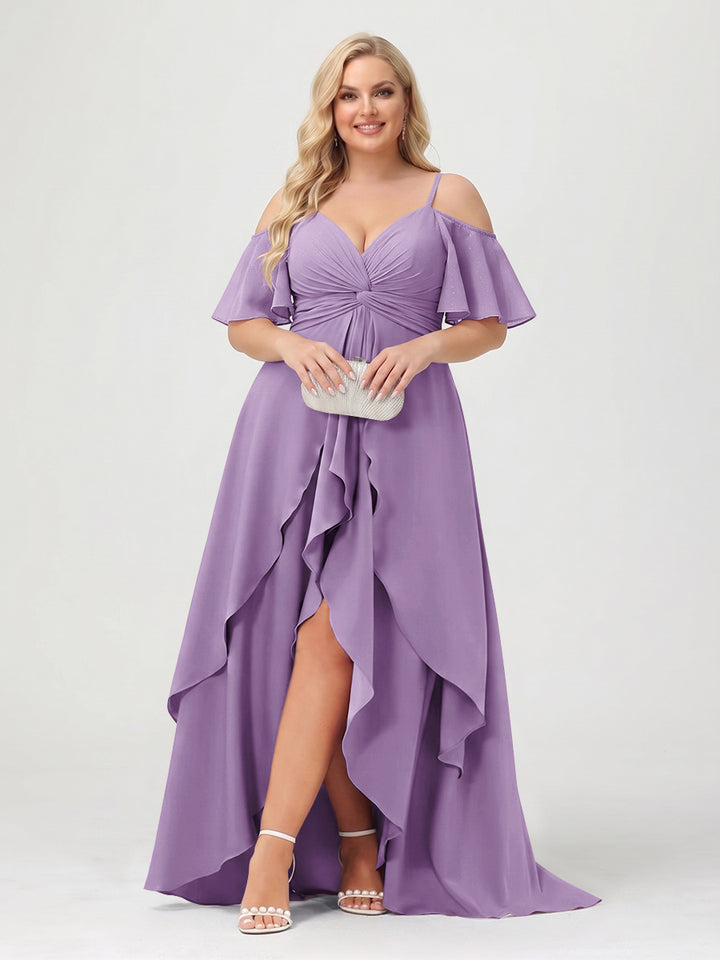 A-Line/Princess Spaghetti Straps Half Sleeves V-Neck Plus Size Bridesmaid Dresses With Ruffles