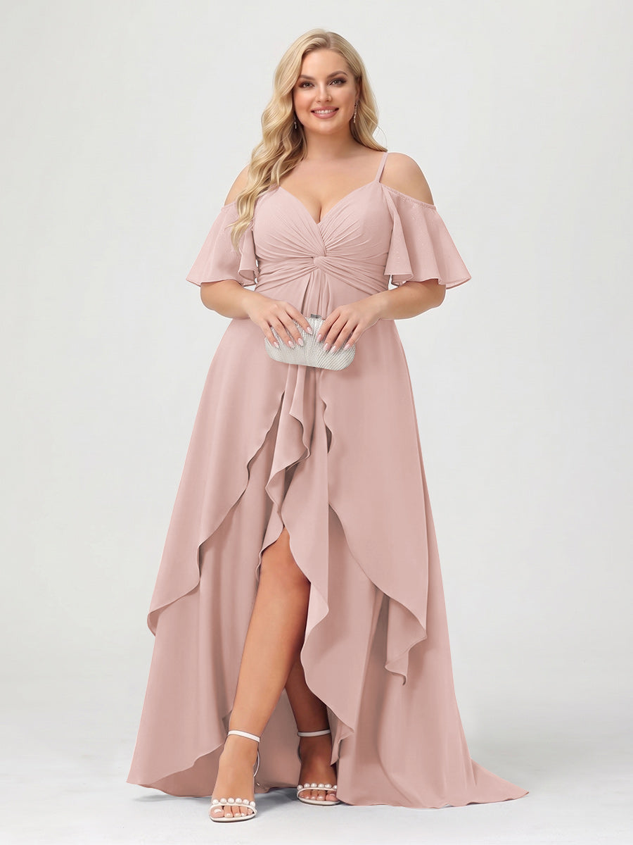 A-Line/Princess Spaghetti Straps Half Sleeves V-Neck Plus Size Bridesmaid Dresses With Ruffles