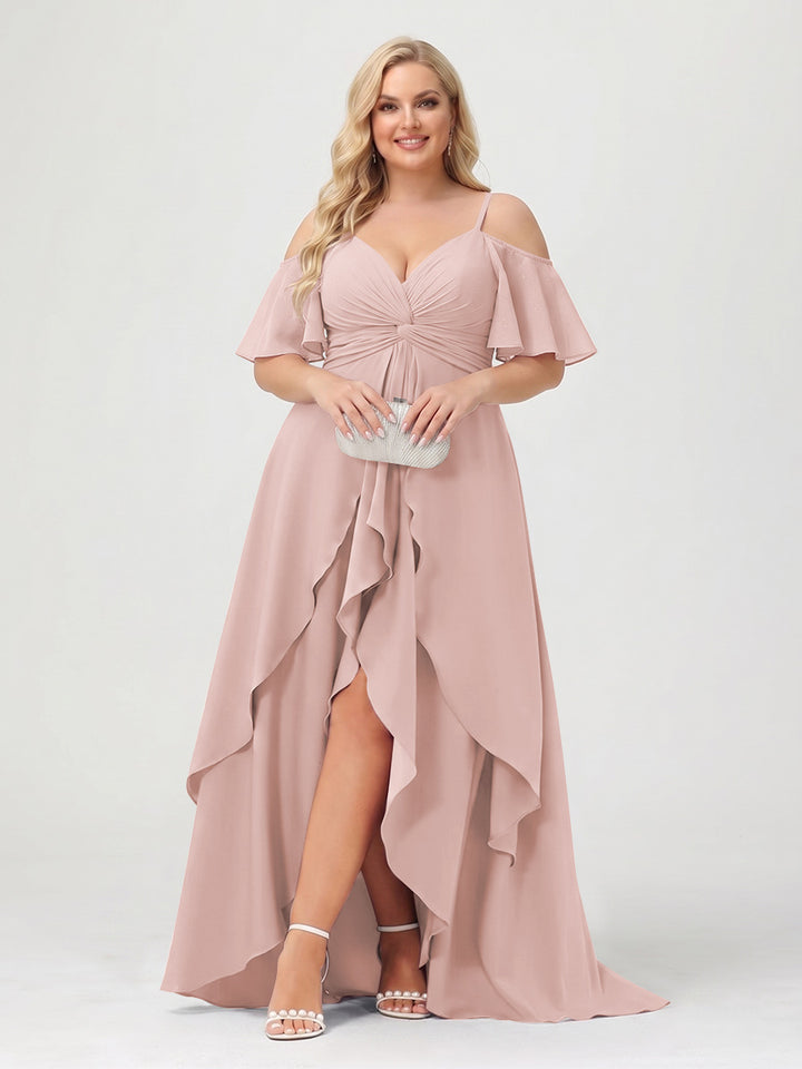 A-Line/Princess Spaghetti Straps Half Sleeves V-Neck Plus Size Bridesmaid Dresses With Ruffles