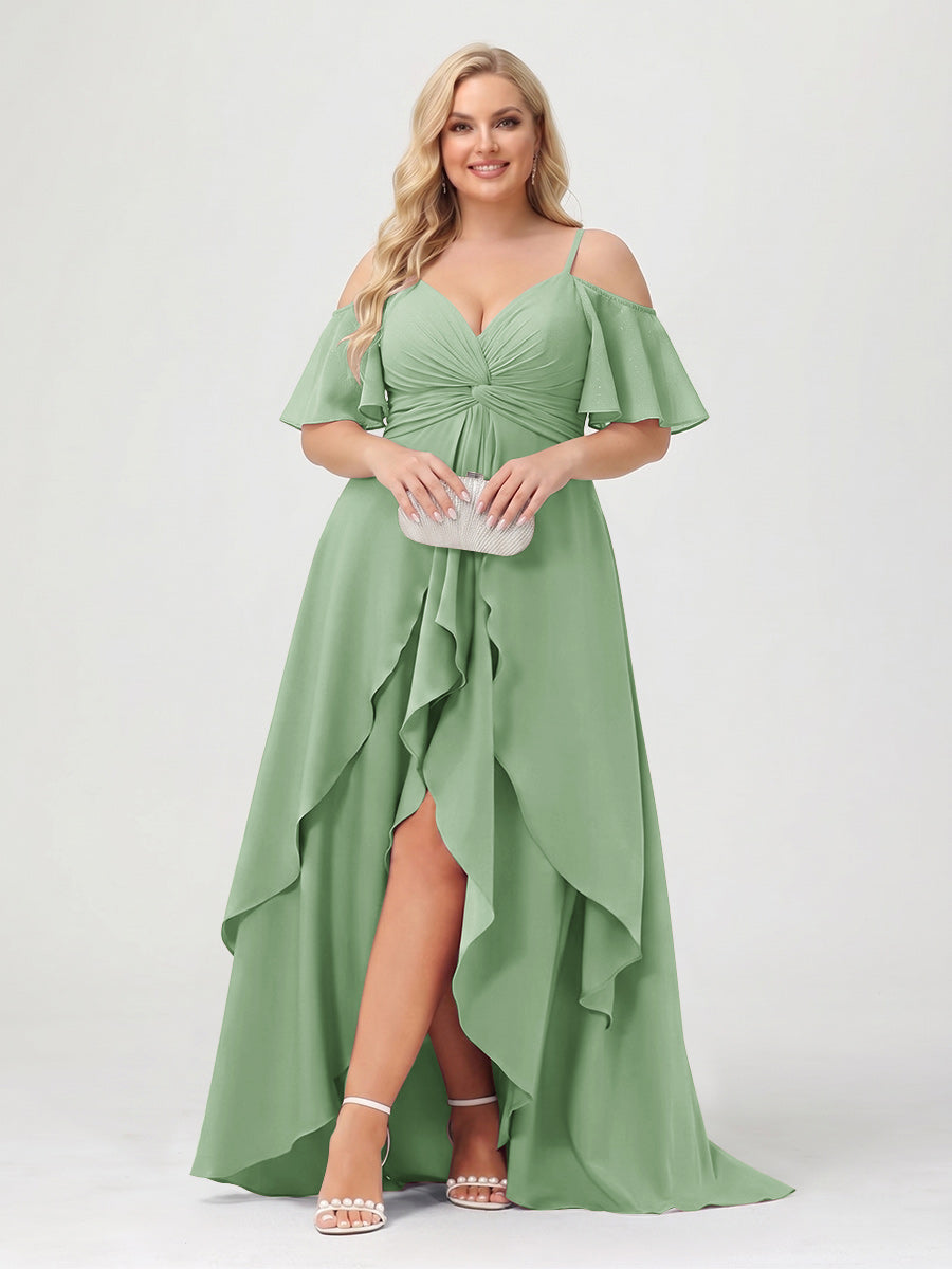 A-Line/Princess Spaghetti Straps Half Sleeves V-Neck Plus Size Bridesmaid Dresses With Ruffles