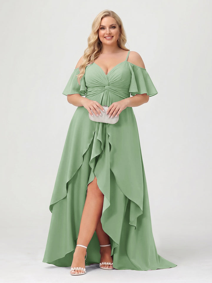 A-Line/Princess Spaghetti Straps Half Sleeves V-Neck Plus Size Bridesmaid Dresses With Ruffles
