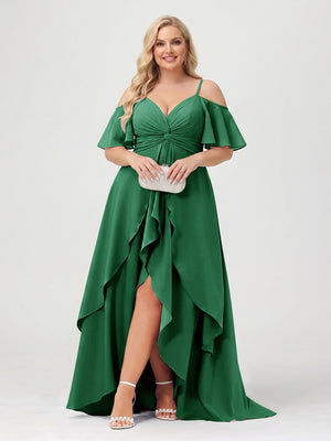 A-Line/Princess Spaghetti Straps Half Sleeves V-Neck Plus Size Bridesmaid Dresses With Ruffles