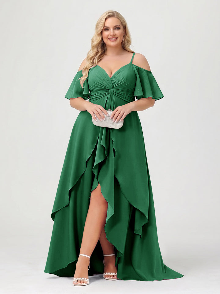 A-Line/Princess Spaghetti Straps Half Sleeves V-Neck Plus Size Bridesmaid Dresses With Ruffles
