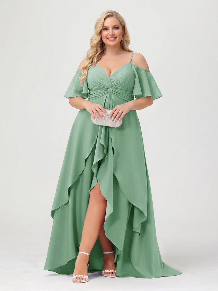A-Line/Princess Spaghetti Straps Half Sleeves V-Neck Plus Size Bridesmaid Dresses With Ruffles