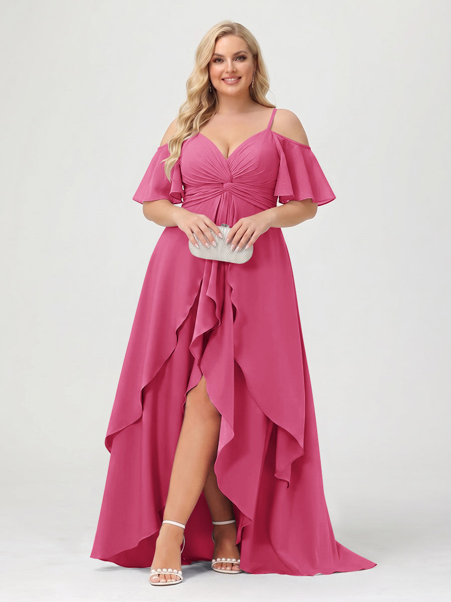A-Line/Princess Spaghetti Straps Half Sleeves V-Neck Plus Size Bridesmaid Dresses With Ruffles
