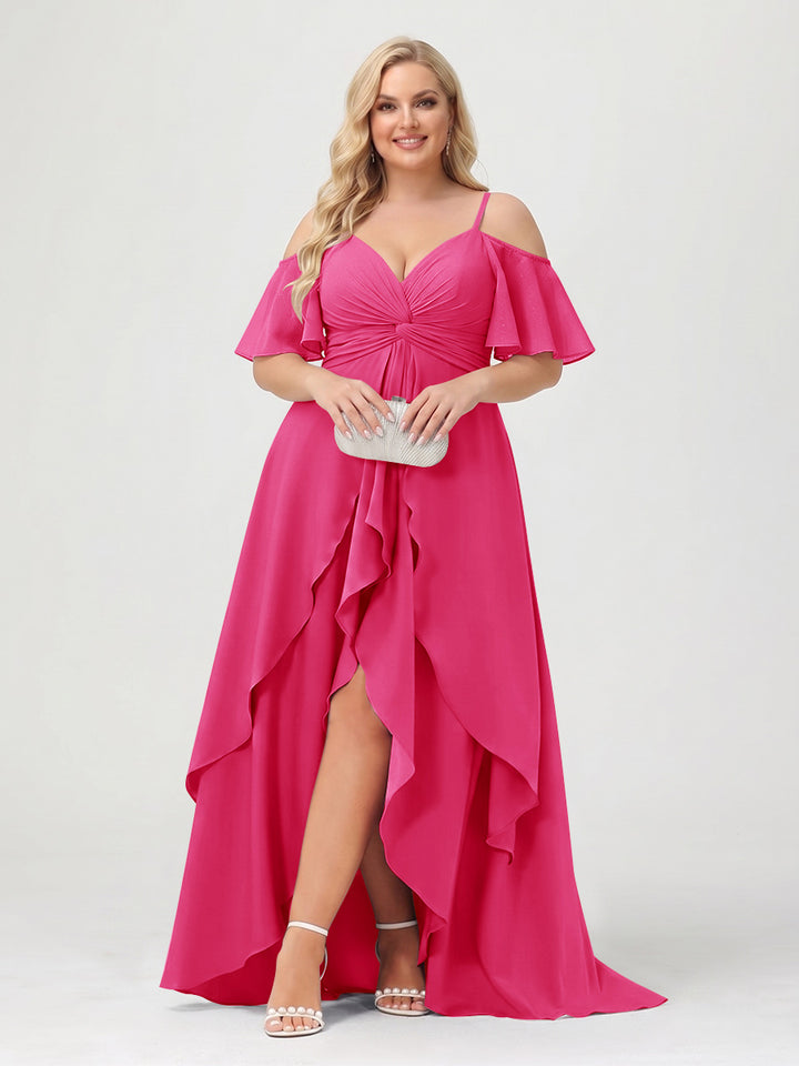 A-Line/Princess Spaghetti Straps Half Sleeves V-Neck Plus Size Bridesmaid Dresses With Ruffles