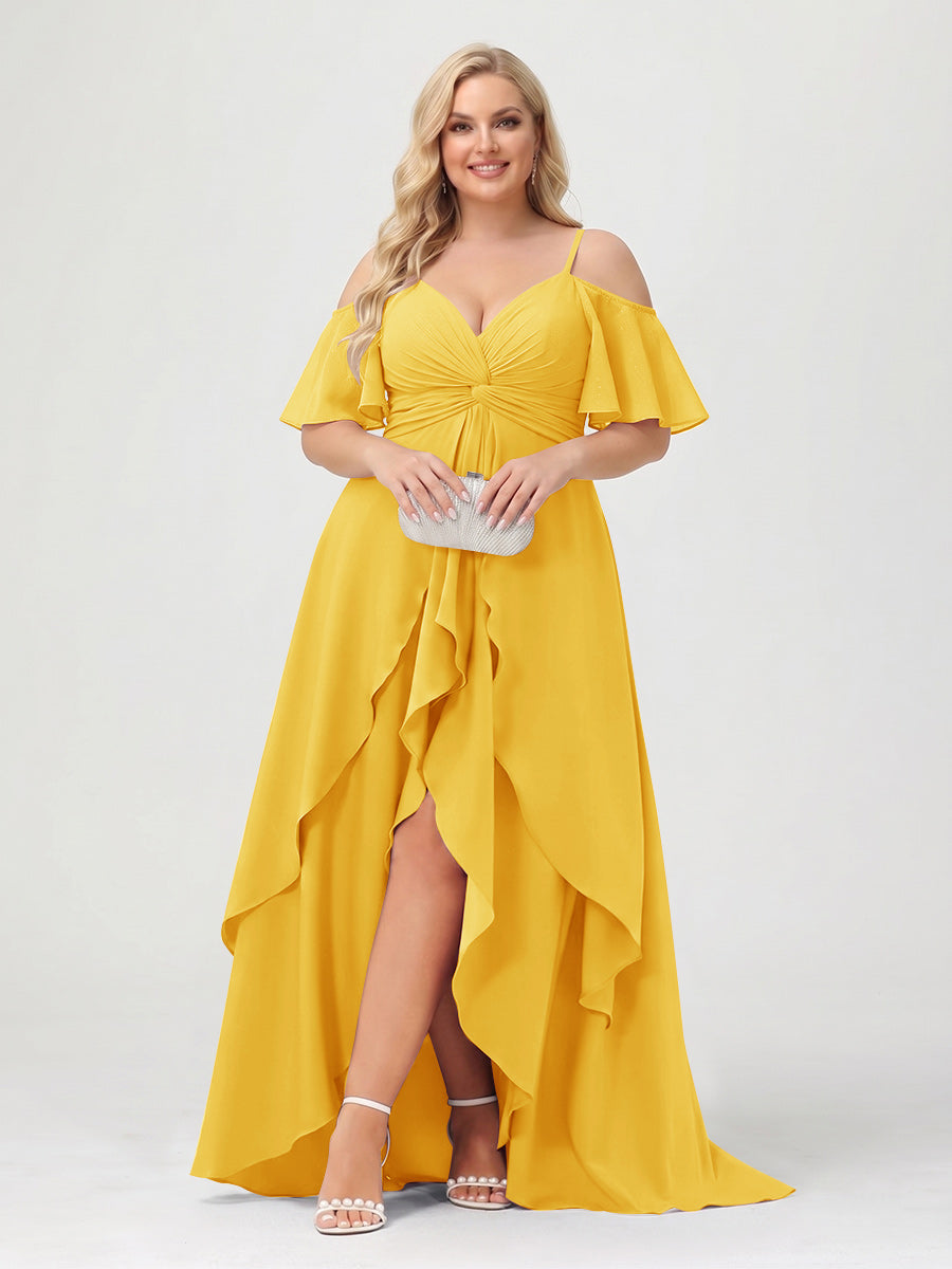 A-Line/Princess Spaghetti Straps Half Sleeves V-Neck Plus Size Bridesmaid Dresses With Ruffles