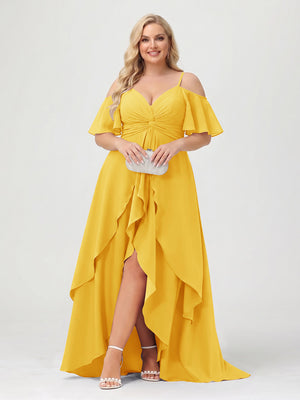 A-Line/Princess Spaghetti Straps Half Sleeves V-Neck Plus Size Bridesmaid Dresses With Ruffles