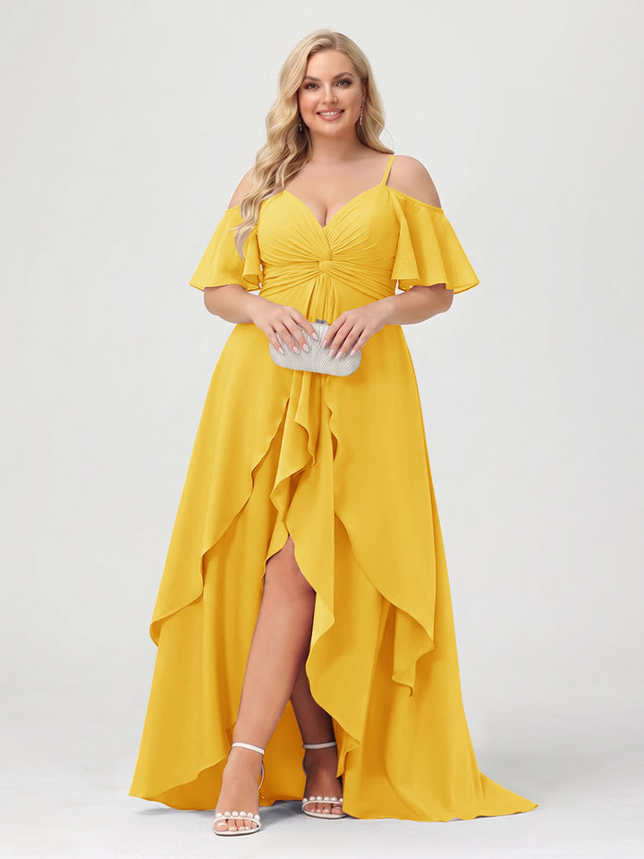 A-Line/Princess Spaghetti Straps Half Sleeves V-Neck Plus Size Bridesmaid Dresses With Ruffles