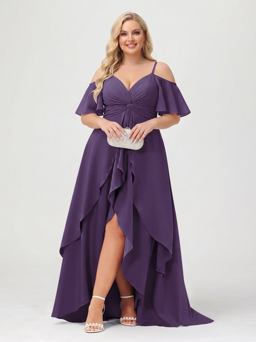 A-Line/Princess Spaghetti Straps Half Sleeves V-Neck Plus Size Bridesmaid Dresses With Ruffles