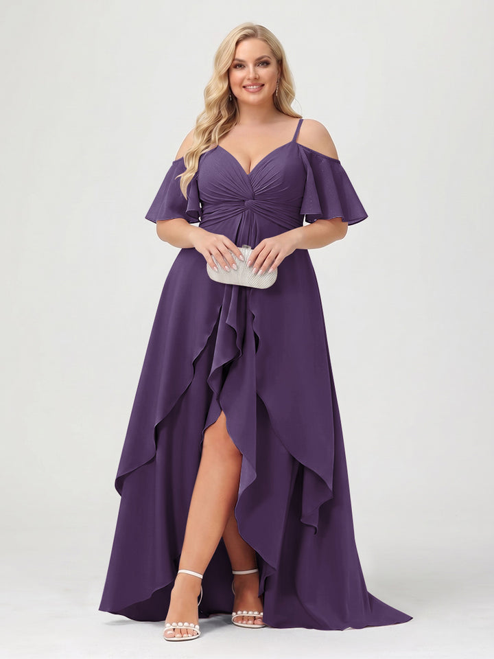 A-Line/Princess Spaghetti Straps Half Sleeves V-Neck Plus Size Bridesmaid Dresses With Ruffles